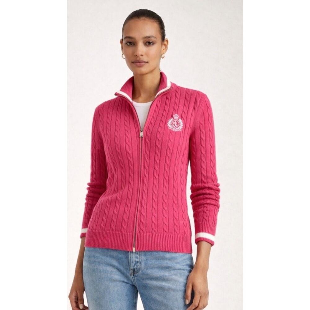 Lauren Ralph Lauren Pink Cable-Knit Full Zip Cardigan Sweater 100% Cotton M Golf